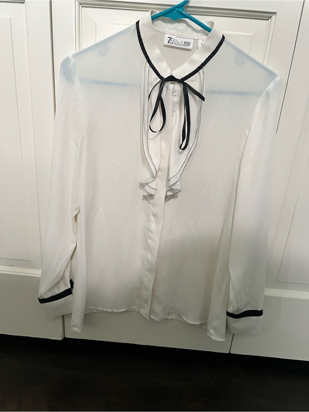 New York & Company White Sheer Ruffled Tie-Neck Blouse with Black Trim